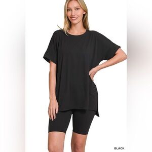 Zenana Brushed Dty Microfiber Round Neck Top and Biker Shorts Set